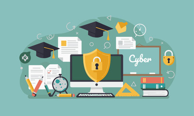 Online Education Cybersecurity Illustration : computer with a locked shield, surrounded by learning materials