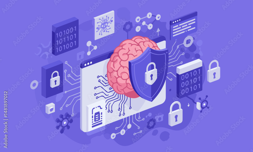 Poster ai-powered cybersecurity brain illustration : a brain with a shield and padlock on a computer, surro