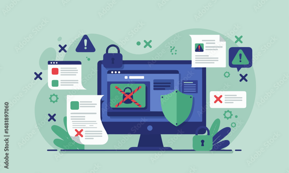 Poster cybersecurity threat detection illustration : computer with a broken shield, surrounded by warnings,