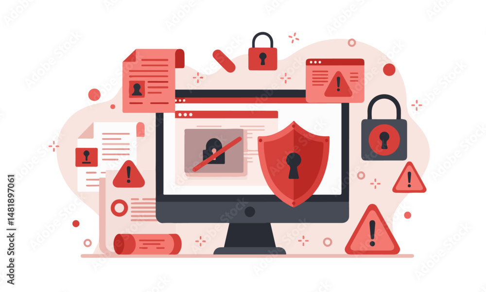 Poster ultimate cybersecurity bundle illustration : computer with a locked red shield, surrounded by securi