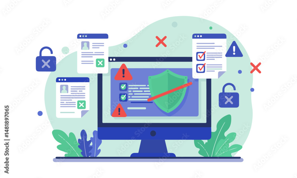 Poster cybersecurity threat detection illustration : computer with a broken shield, surrounded by warnings,