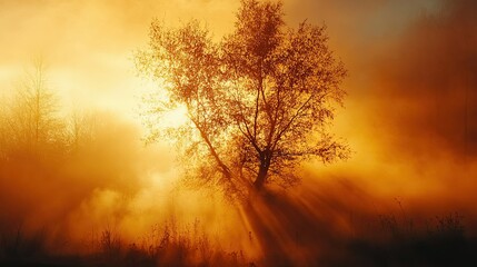 Obraz premium A solitary tree silhouetted against a golden sky with sun rays piercing through the fog and mist