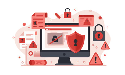  Ultimate Cybersecurity Bundle Illustration : computer with a locked red shield, surrounded by security warnings and padlocks