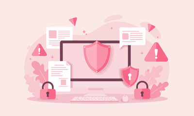  Enhanced Data Security Illustration   computer with a prominent shield, surrounded by secure documents and padlocks.