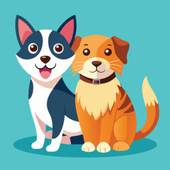 Playful dog and cat duo sitting together in a cheerful flat design style vector art 