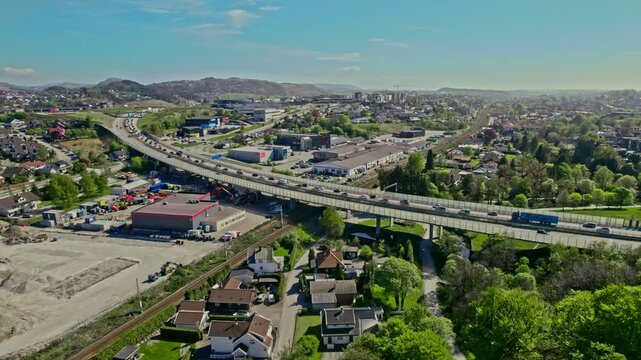 Rush Hour Traffic on E39 Highway bridge in Sandnes, Norway &ndash; Aerial View in Sunny Weather4
