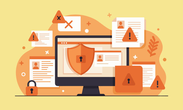 Illustration of a cyber attack: damaged shield on computer, surrounded by warnings, crossed documents, and a broken lock.