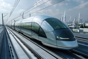 Fototapeta premium Futuristic transport pod traveling along a sleek high-speed rail system in a tech-savvy city.