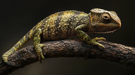 Chameleon on Exotic Tree Branch with Green and Brown Camouflage in Natural Habitat