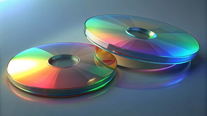 Abstract composition of glass disc shapes with vivid colorful reflections