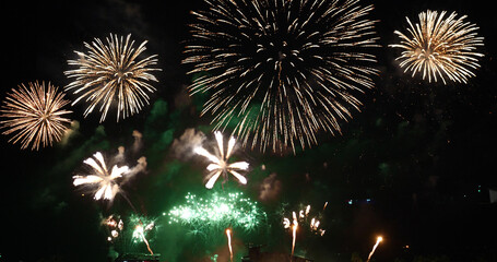 Green Firework celebrate anniversary happy new year 2025, 4th of july holiday festival. Green firework in night time celebrate national holiday. Countdown to new year 2025 festival party time event