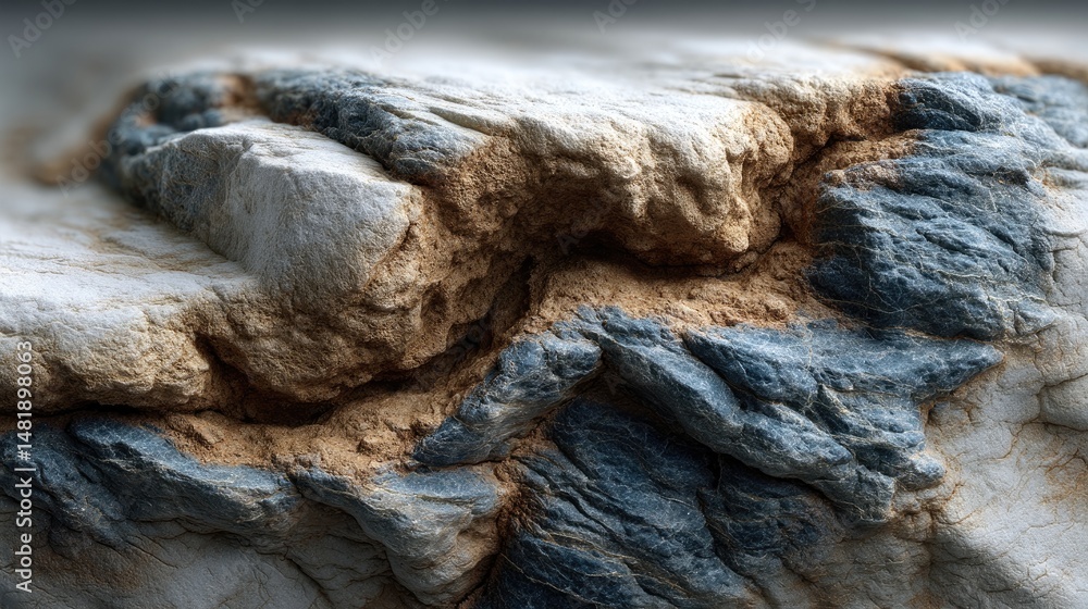 Aufkleber close up shows the textured surface of an old stone resting near the weathered bark of an ancient tr