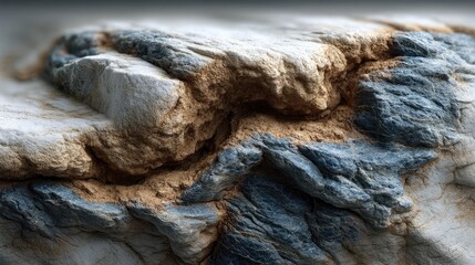 Close up shows the textured surface of an old stone resting near the weathered bark of an ancient tree trunk, hinting at nature's enduring patterns
