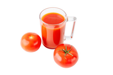 Glass of tomato juice and tomato on a white background. Horizontal photography tomato