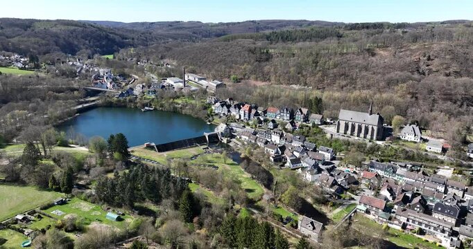 The Wupper forms a reservoir, picturesquely located at the foot of the old town of Beyenburg, Beyenburger Stausee. Aerial view.