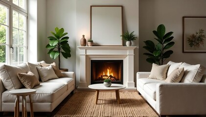 Cozy living room with fireplace, throw pillows, and plants Warm, inviting home decor , coffee table, living room