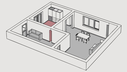 Vector SVG 3D plan of apartment featuring white interior, showcasing living room, kitchen, and dining area, designed for modern living