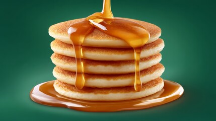 Delicious Stack of Golden Pancakes Drizzled with Syrup on Dark Green Background