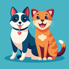 Playful dog and cat duo sitting together in a cheerful flat design style vector art 