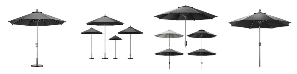 Elegant, stylish black patio umbrellas in various sizes and configurations, ideal for outdoor dining and leisure setups with a modern, sophisticated aesthetic
