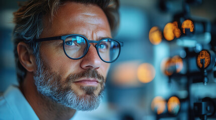 vision test with oculist and client in comfortable optometry room 