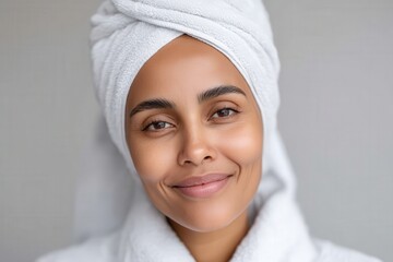 Confident young woman wearing a towel on her head and a cozy bathrobe radiating natural beauty with a warm smile indicative of self-care and personal wellness in a minimalistic background