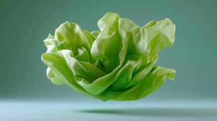 Floating Vibrant Green Lettuce with Textured Leaves Against a Soft Gradient Background