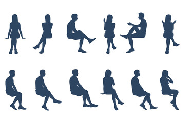 Minimalist Silhouette Set of Seated Human Figures. Minimalist Style, Casual Poses, with Varied Views and body types. Vector Illustration
