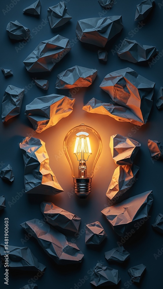 Poster illuminated lightbulb among crumpled paper idea generation concept