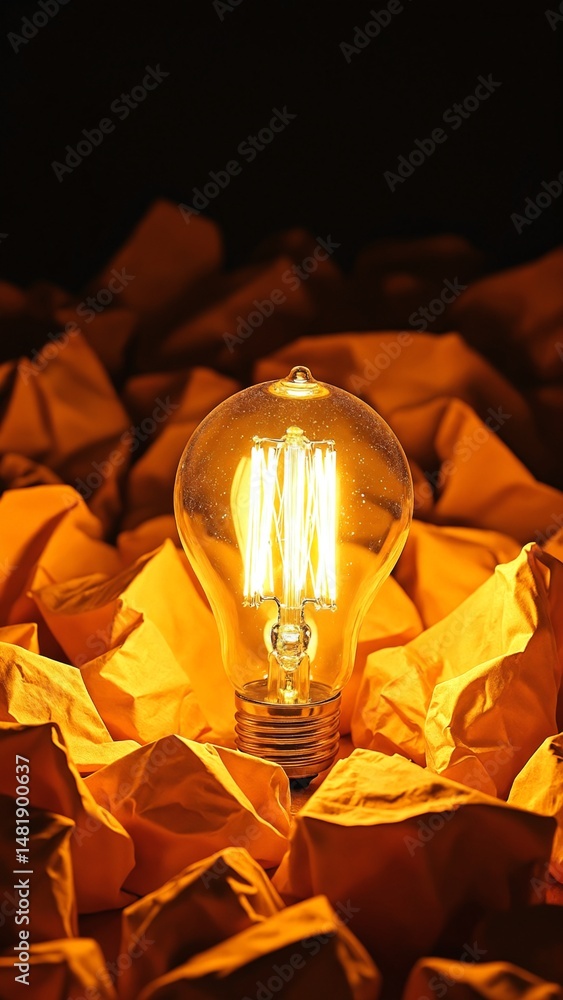 Poster illuminated lightbulb among crumpled paper idea generation concept