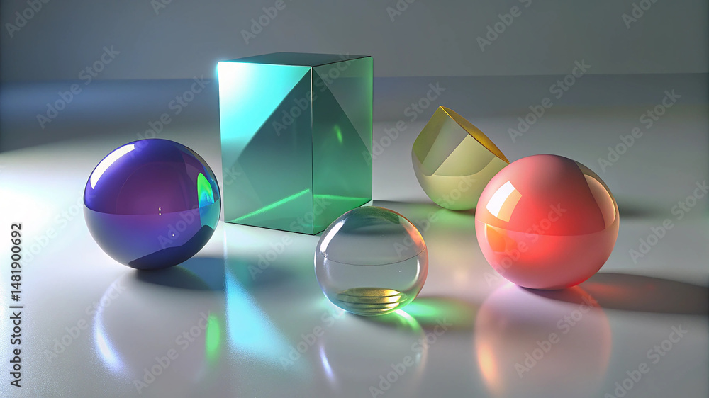 Poster glass shape reflection composition with artistic color effects in 3d