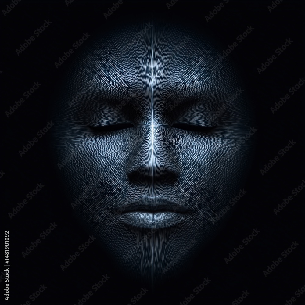 Poster a captivating abstract representation of a serene face illuminated by light emanating from the foreh
