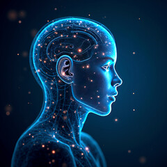 Blue head silhouette with binary code background, featuring anatomical elements like brain and skull in a 3D abstract medical illustration