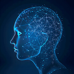 Blue head silhouette with binary code background, featuring anatomical elements like brain and skull in a 3D abstract medical illustration