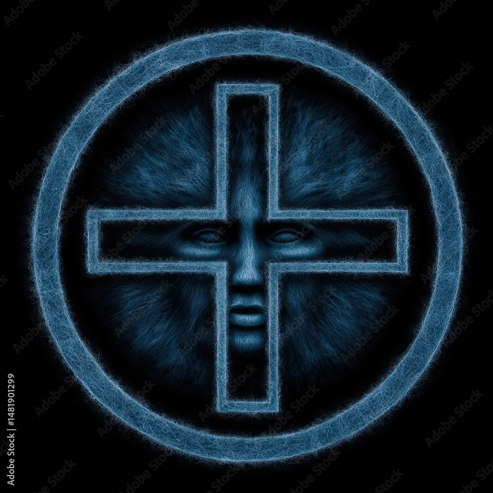 Aufkleber ethereal blue representation of a face within a circular symbol displaying cultural significance hig