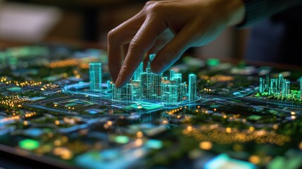 Digital cityscape manipulation by a hand.