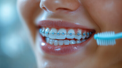  close-up of young woman with dental braces brushing teeth at home 