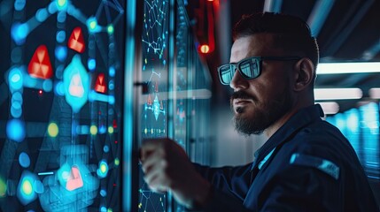 Man in glasses interacting with a futuristic display showing complex data visualizations and alerts