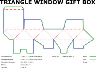 Detailed diagram of a triangle window gift box with dimensions and measurements