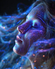 Eyes closed, a woman levitating with flowing hair and aura light surrounding her