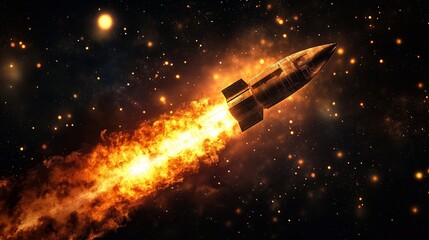 Obraz premium Rocket propelling through the vastness of space, leaving a fiery exhaust trail against a backdrop of stars and cosmic dust, embodies the spirit of exploration and innovation