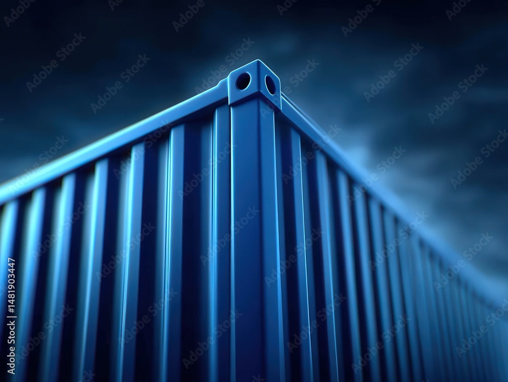Poster a strikingly detailed view of a blue shipping container under dramatic lighting creating an industri