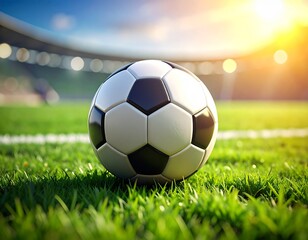 Fototapeta premium A black and white soccer ball rests on the green grass field, ready for a fun sports game