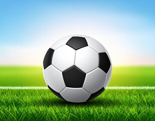 Naklejka premium A white and black soccer ball rests on the green grass of the football field, ready for play in the sport competition