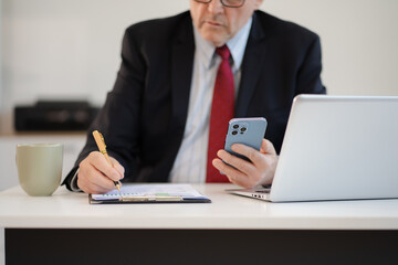 Business man working at office with laptop and documents on desk, financial adviser analyzing data.