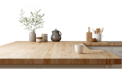 Empty Kitchen counter png isolated in wooden style transparent using for presentation.