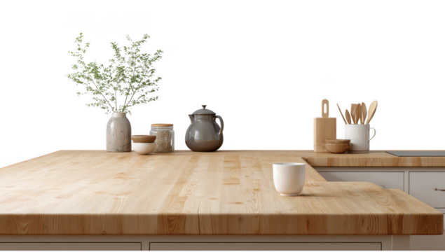 Empty Kitchen counter png isolated in wooden style transparent using for presentation.