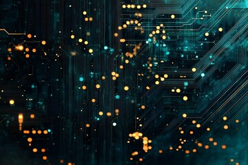 Obraz premium Circuit Board Glows Teal and Amber in Abstract Artwork for Futuristic and High-Tech Aesthetic