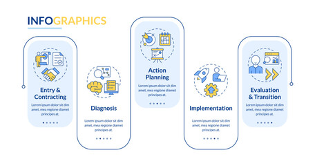 Consulting process stages rectangle infographic vector. Action planning. Diagnosis, research. Data visualization with 5 steps. Editable rectangular options chart. Lato-Bold, Regular fonts used