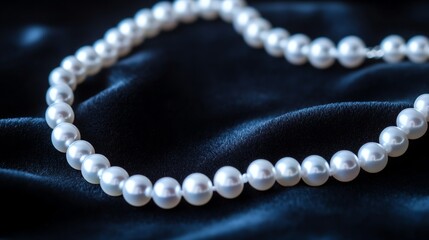 A white pearl necklace rests elegantly on a black velvet background.